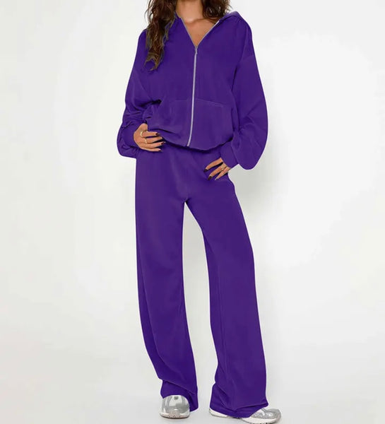 Women Color Fashion Hooded Velour Tracksuit Two Piece Pant Set