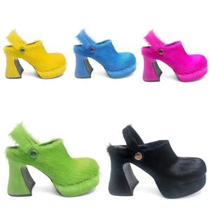 Women Color Fashion Furry Platform Slide On High Heel Shoes