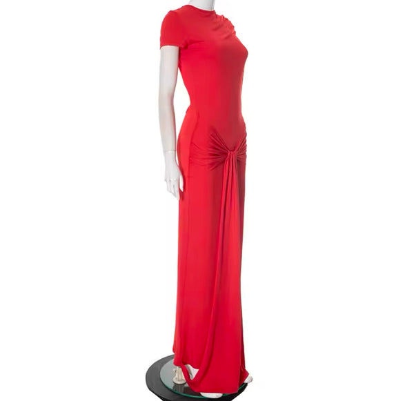 Women Sexy Red Short Sleeve Open Back Side Split Maxi Dress