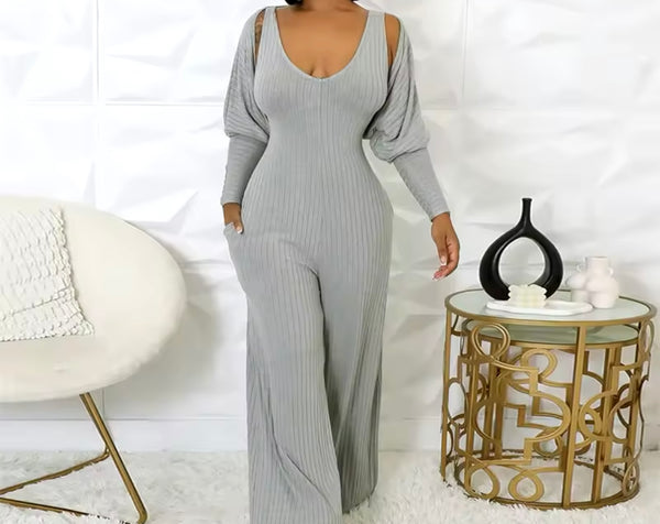 Women Gray Fashion Wide Leg Two Piece Jumpsuit Set