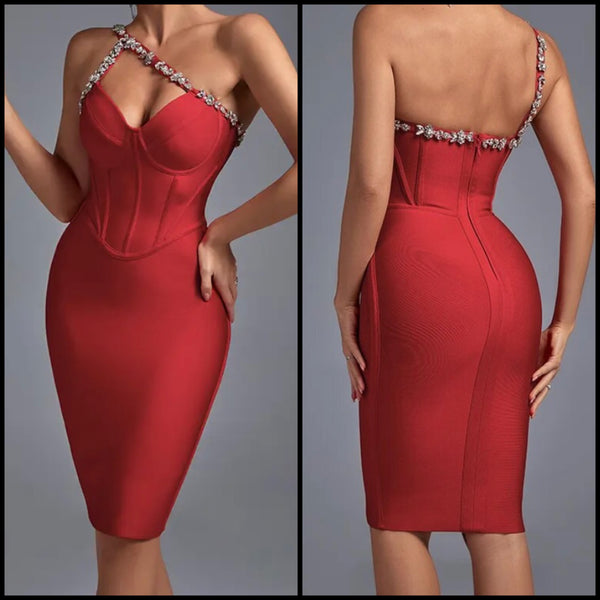 Women Sexy One Shoulder Sleeveless Red Rhinestone Patchwork Dress