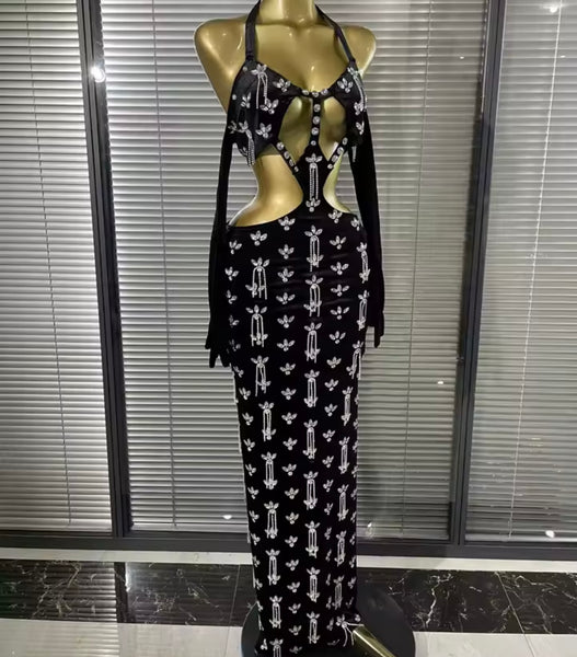 Women Sexy Black Halter Rhinestone Tassel Maxi Dress