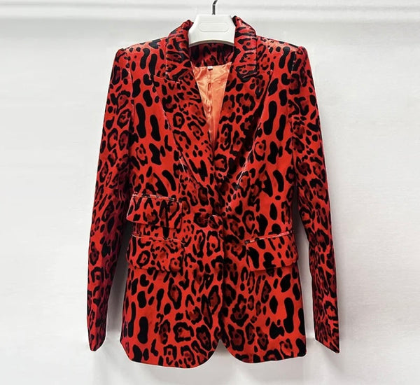 Women Fashion Velour Leopard Print Two Piece Blazer Pant Set