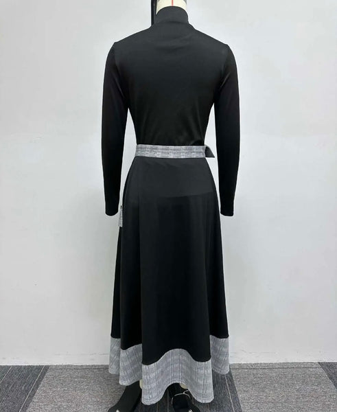 Women Turtleneck Full Sleeve Plaid Patchwork Two Piece Skirt Set