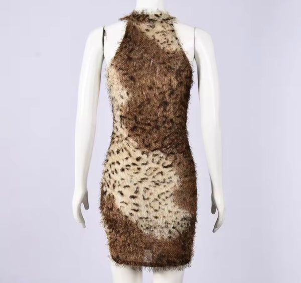 Women Sexy Sleeveless Furry Leopard Print Dress