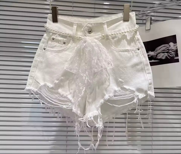 Women White Ripped Fashion Denim Shorts