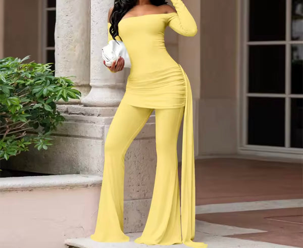 Women Off The Shoulder Full Sleeve Tassel Two Piece Pant Set