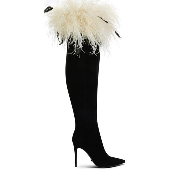 Women Fashion Faux Fur Patchwork Knee High Boots