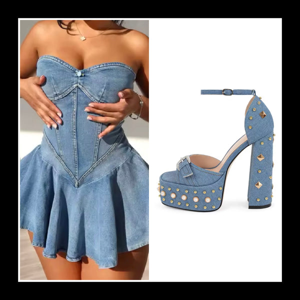 Women Fashion Pearl Rivet Platform High Heel Sandals
