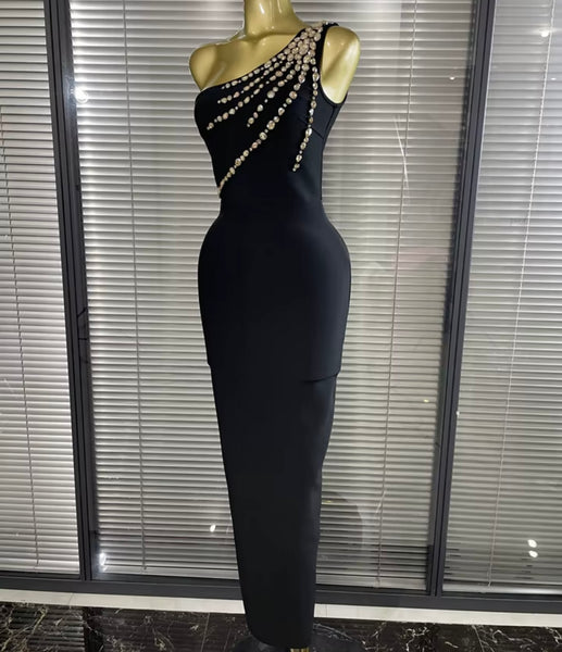 Women Black Rhinestone One Shoulder Sleeveless Maxi Dress