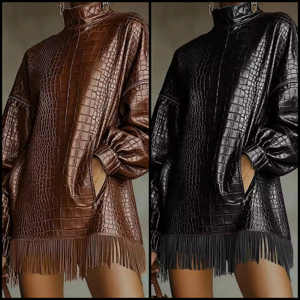 Women Sexy Fashion Turtleneck Faux Leather Fringe Tassel Dress
