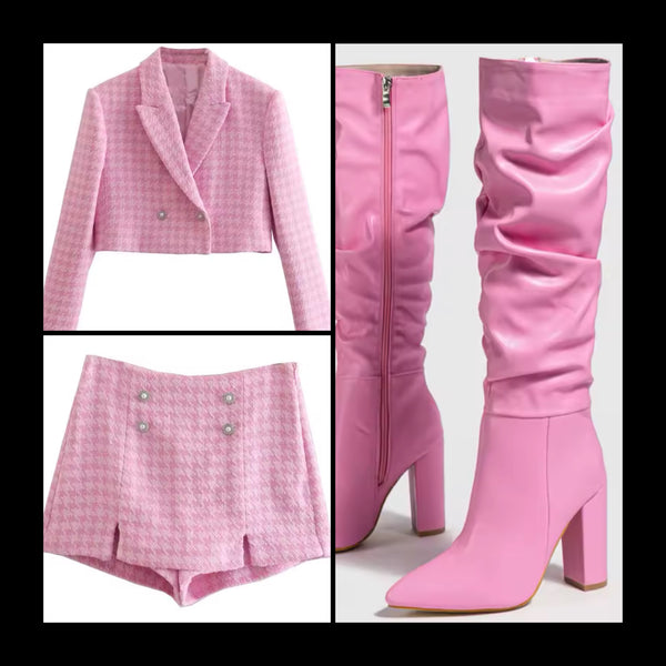 Women Sexy Pink Tweed Bling Button Blazer Two Piece Short Set
