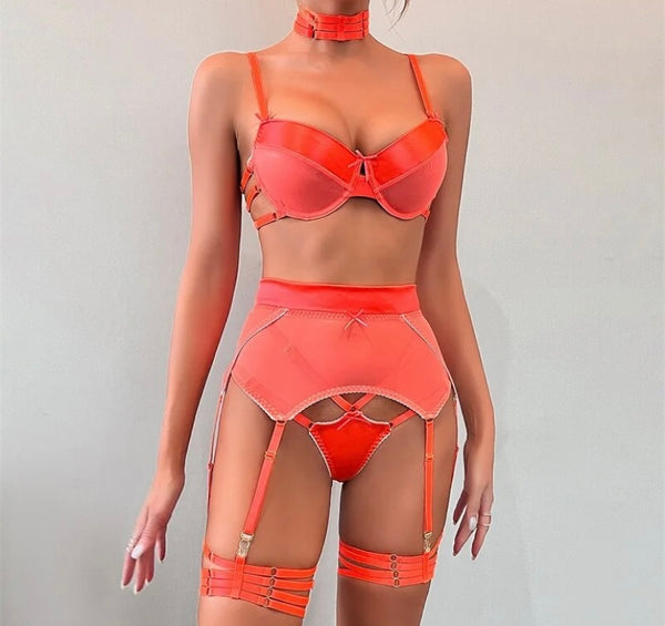 Women Sexy Choker Satin Mesh Lingerie Set