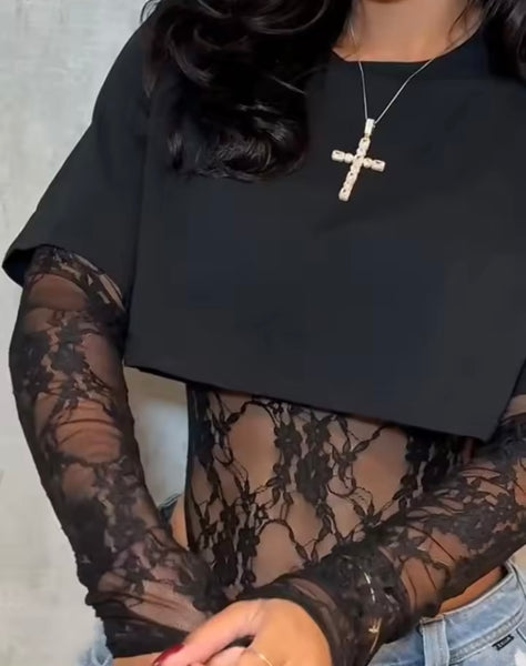 Women Fashion Lace Patchwork Full Sleeve Bodysuit Top