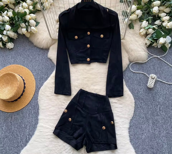 Women Fashion Suede Button Up Full Sleeve Two Piece Short Set