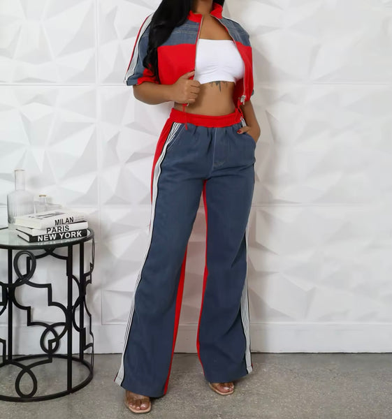 Women Fashion Color Patchwork Zip Up Short Sleeve Two Piece Pant Set
