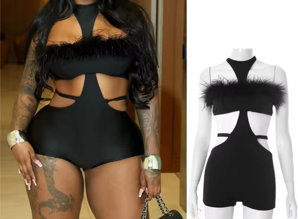 Women Black Sexy Sleeveless Feather Cut Out Romper