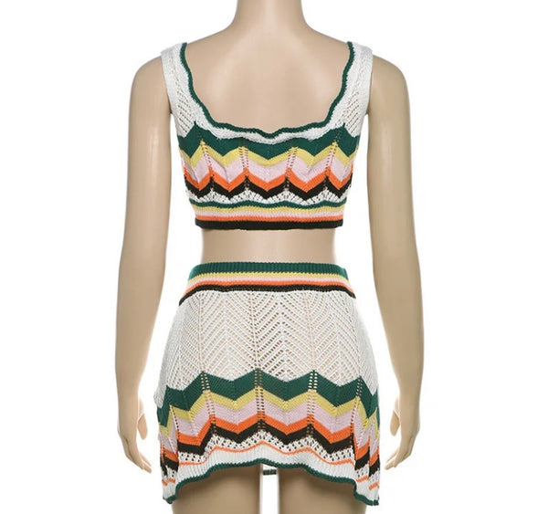 Women Sexy Sleeveless Crop Multicolored Print Two Piece Skirt Set