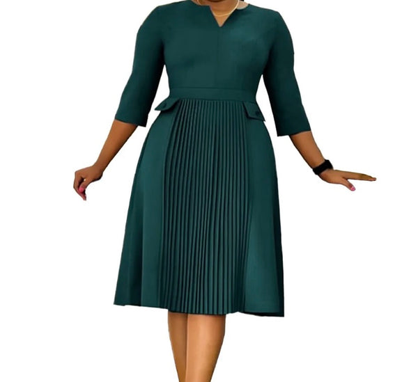 Women Solid Color Full Sleeve Pleated Dress