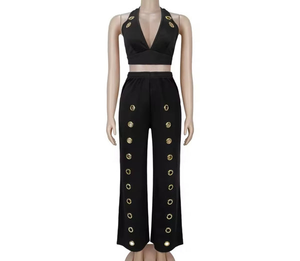 Women Fashion Halter Sleeveless Metal Ring Two Piece Pant Set