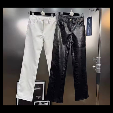 Women Fashion Faux Leather Solid Color Pants