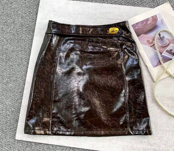Women Fashion High Waist Metal PU Skirt