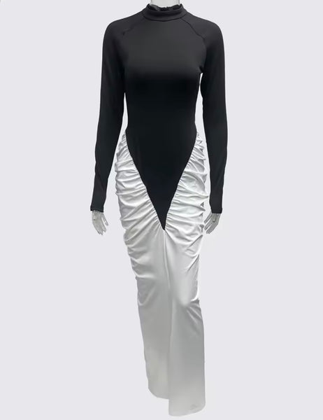 Women B&W Patchwork Ruched Full Sleeve Sexy Maxi Dress