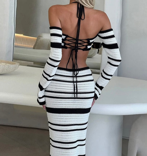 Women Sexy Full Sleeve B&W Ribbed Two Piece Maxi Skirt Set