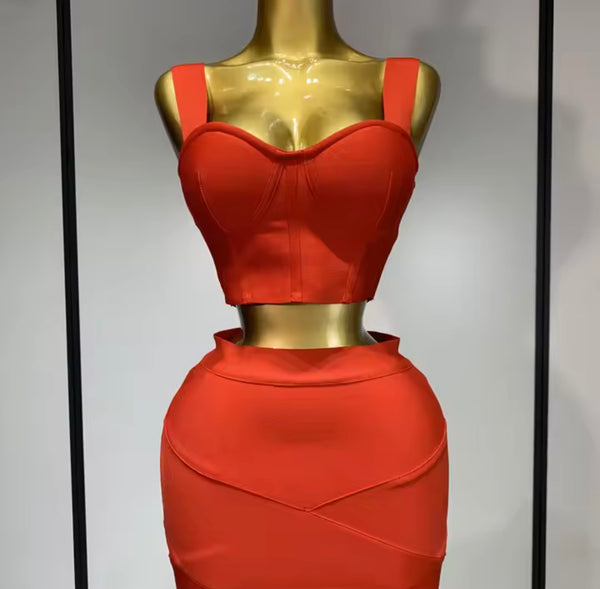 Women Sexy Color Sleeveless Bandage Two Piece Skirt Set