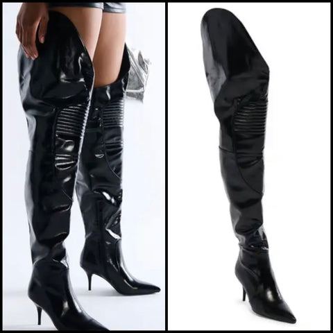 Women Fashion Black Faux Leather Over The Knee High Heel Boots