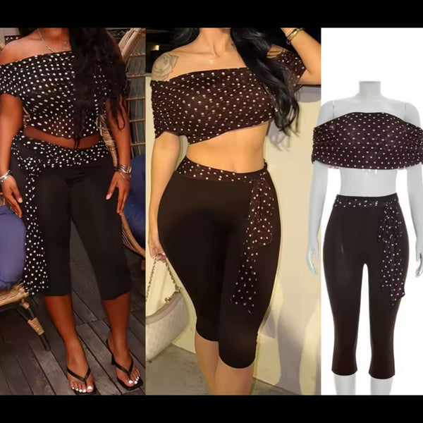 Women Fashion Off The Shoulder Polka Dot Two Piece Capri Pant Set