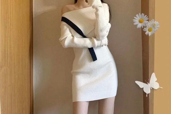 Women Off The Shoulder Ribbed Full Sleeve B&W Dress