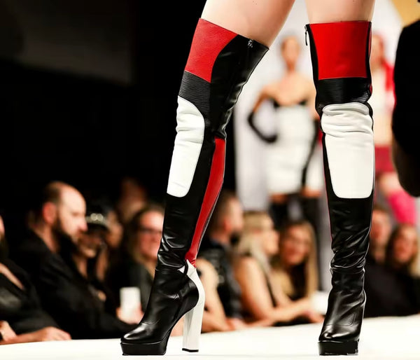 Women Round Toe Over The Knee Color Patchwork High Heel Boots