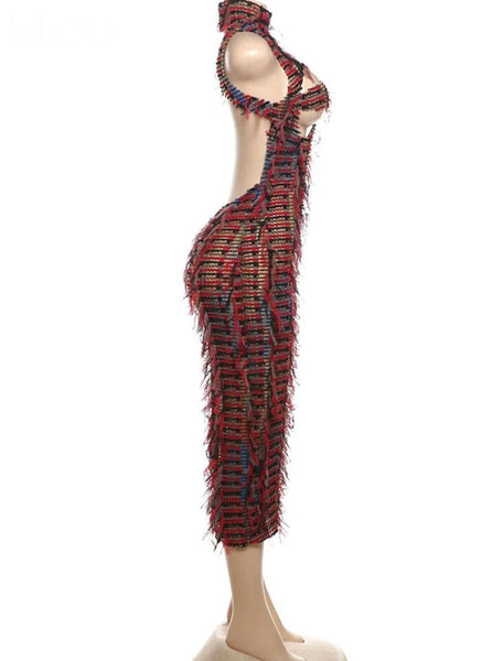 Women Sexy Cut Out Sleeveless Multicolored Fringe Maxi Dress