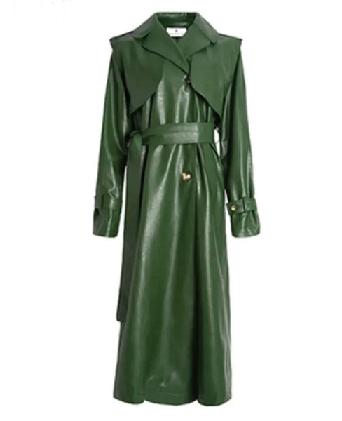 Women Green Fashion Faux Leather Trench Jacket