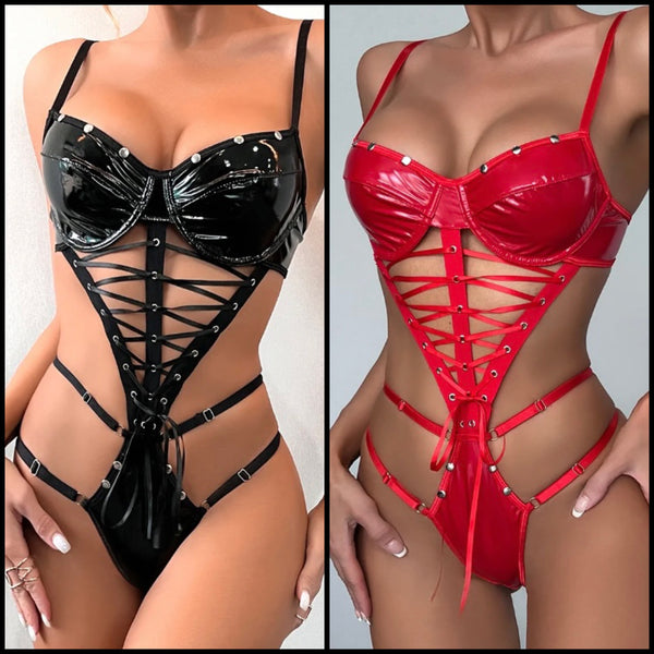 Women Sleeveless Sexy PU Lace Up Bodysuit Lingerie