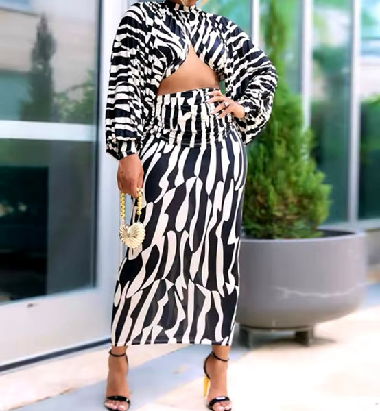 Women Sexy B&W Printed Full Sleeve Two Piece Maxi Skirt Set