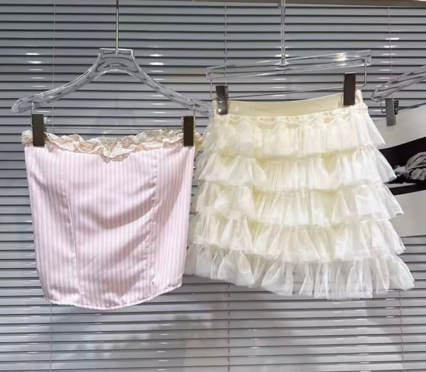 Women Sexy Striped Strapless Two Piece Ruffled Skirt Set