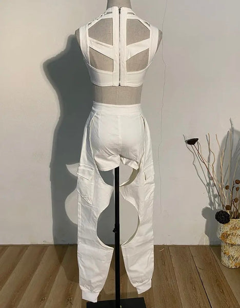 Women White Fashion Sleeveless Cut Out Lace Up Two Piece Pant Set