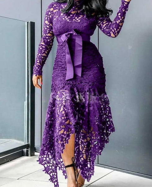 Women Sexy Color Lace Full Sleeve Bow Maxi Dress