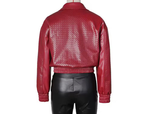 Women Fashion Color Zip Up Faux Leather Jacket
