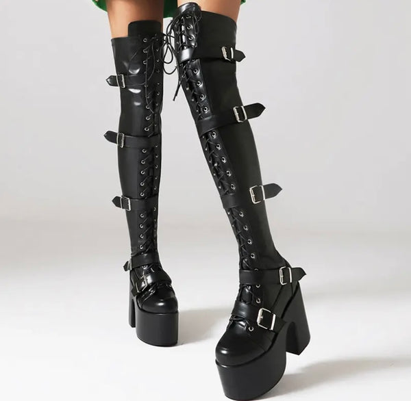 Women Fashion Over The Knee Lace Up Buckled Platform Boots