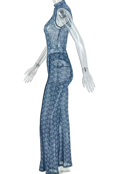 Women Sexy Sleeveless Printed See Through Two Piece Pant Set