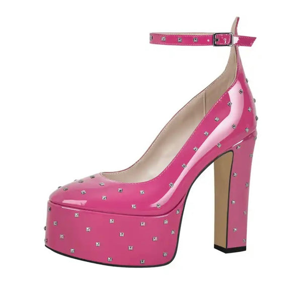 Women Color Rivet Platform Ankle Strap Shoes