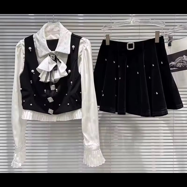 Women B&W Ruffled Full Sleeve Suede Rhinestone Three Piece Skirt Set