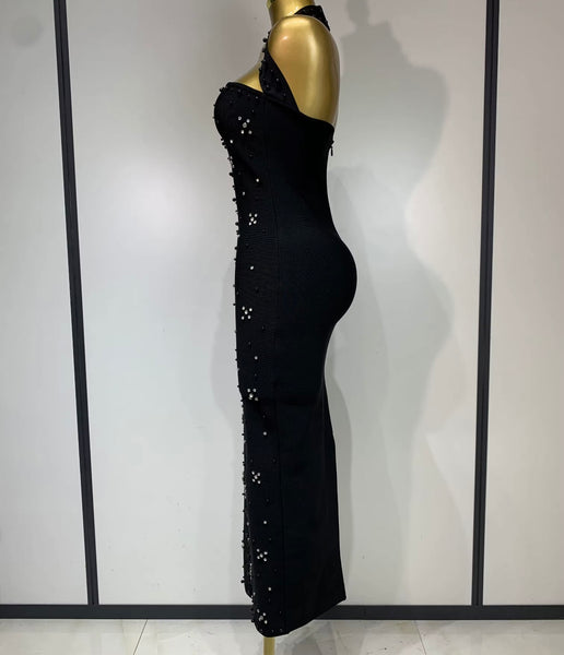 Women Sexy Halter Sleeveless Beaded Rhinestone Maxi Dress