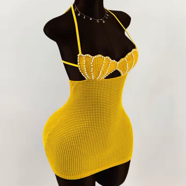 Women Sexy Sleeveless Pearl Halter Crochet Dress