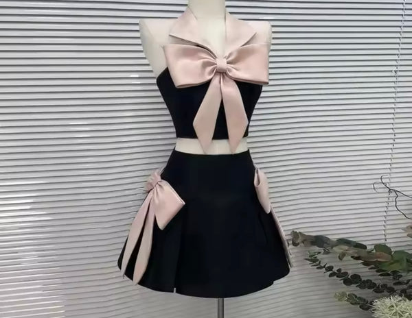 Women Sexy Color Patchwork Bow Sleeveless Two Piece Skirt Set