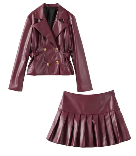 Women Fashion Faux Leather Burgundy Jacket Two Piece Pleated Skirt Set