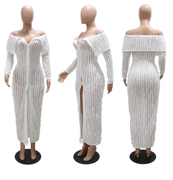 Women Sexy Off The Shoulder Mesh Button Up Full Sleeve Maxi Dress